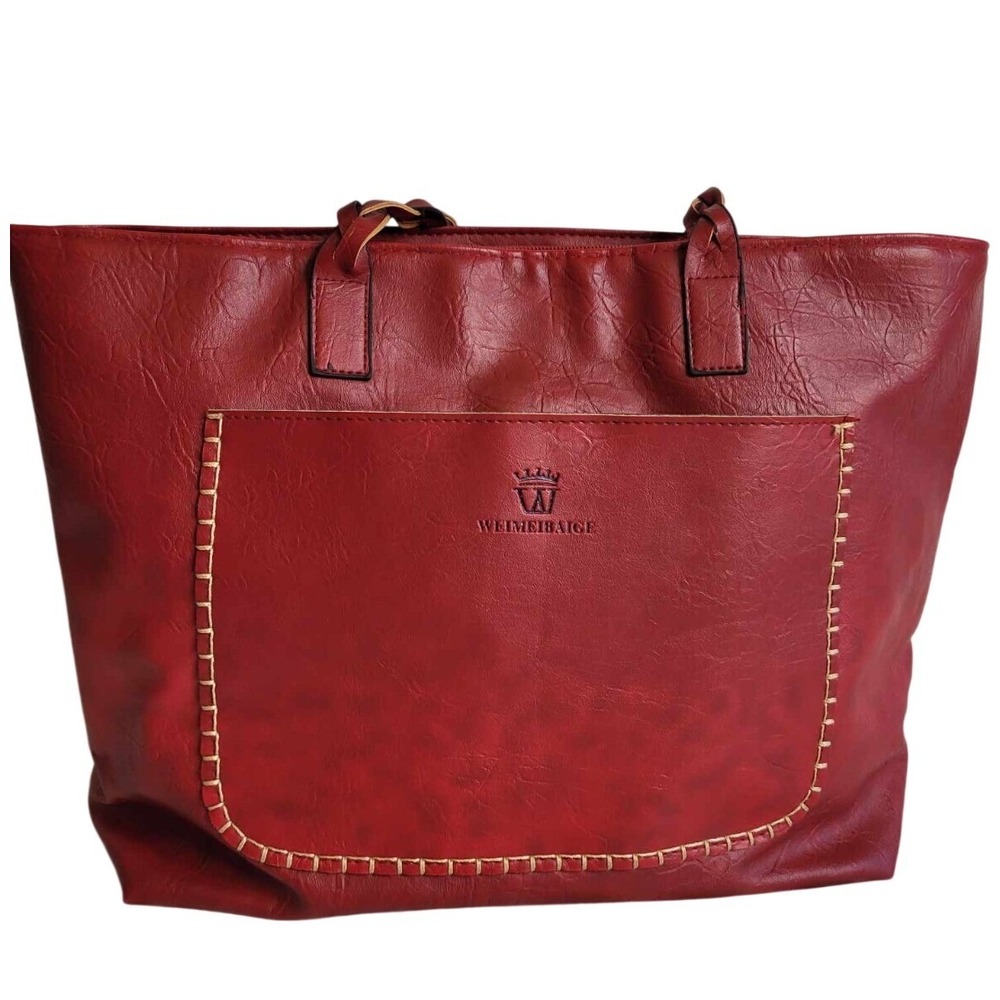 VINTAGE Weimeibaige Red Synthetic Leather‎ Braided Handle Tote